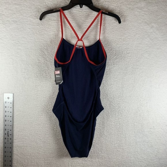 TYR Swimsuit Women's 38 Navy Big Logo USA Cross Back Performance One Piece 8052 - Picture 4 of 6